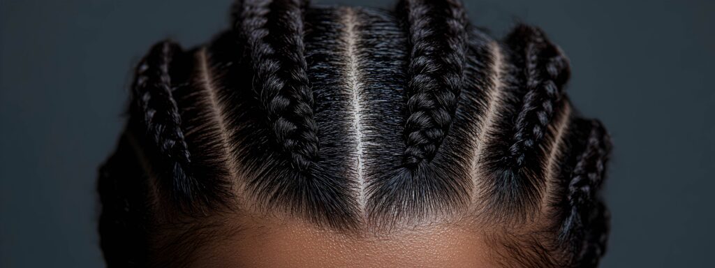 Lähikuva henkilön päästä, jolla on cornrows letit